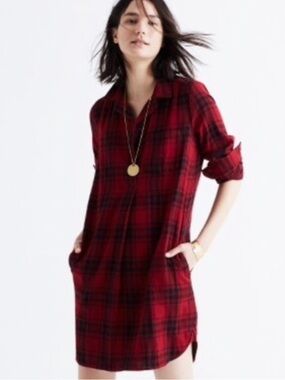 Madewell Cabin Western Cozy Y2K Latitude Plaid Flannel Shirt Tunic Dress Red XXS